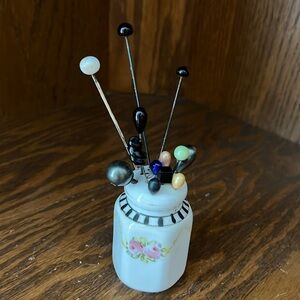 Gorgeous Vintage Japanese Hand Painted Hat Pin Holder. Pink/Cream/Green/B/W
